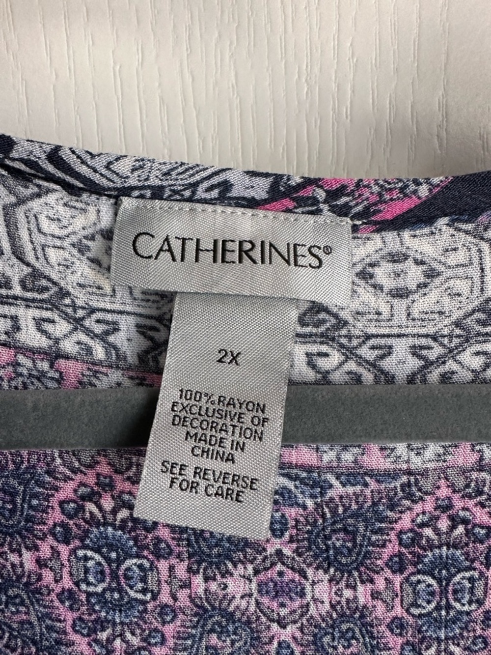 Catherines Navy Pink White Patterned Lace-Trim V-Neck Blouse - Picture 5 of 6